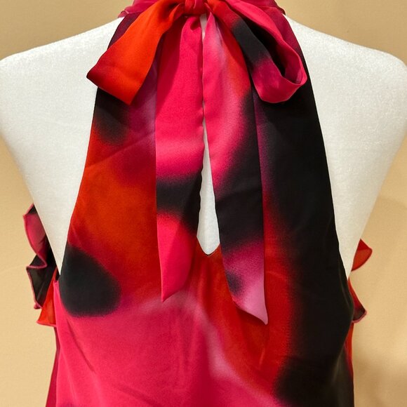Women Vintage Express Halter Blouse Ruffle Flower Red Black Pink Size S Back Bow - Picture 2 of 11